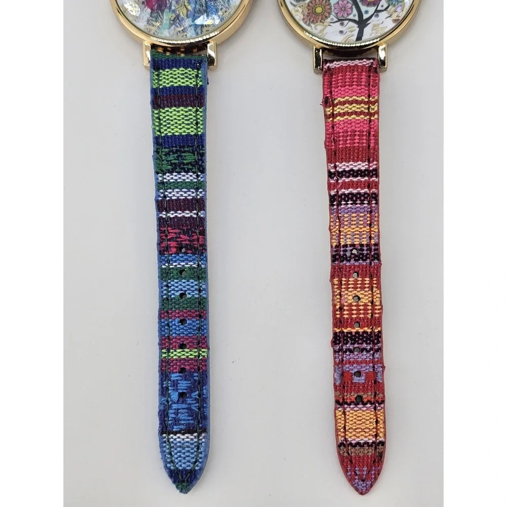 2X Women Watch 38MM Multicolor‎ Dial Multicolor Leather Fabric Bands NEW Battery